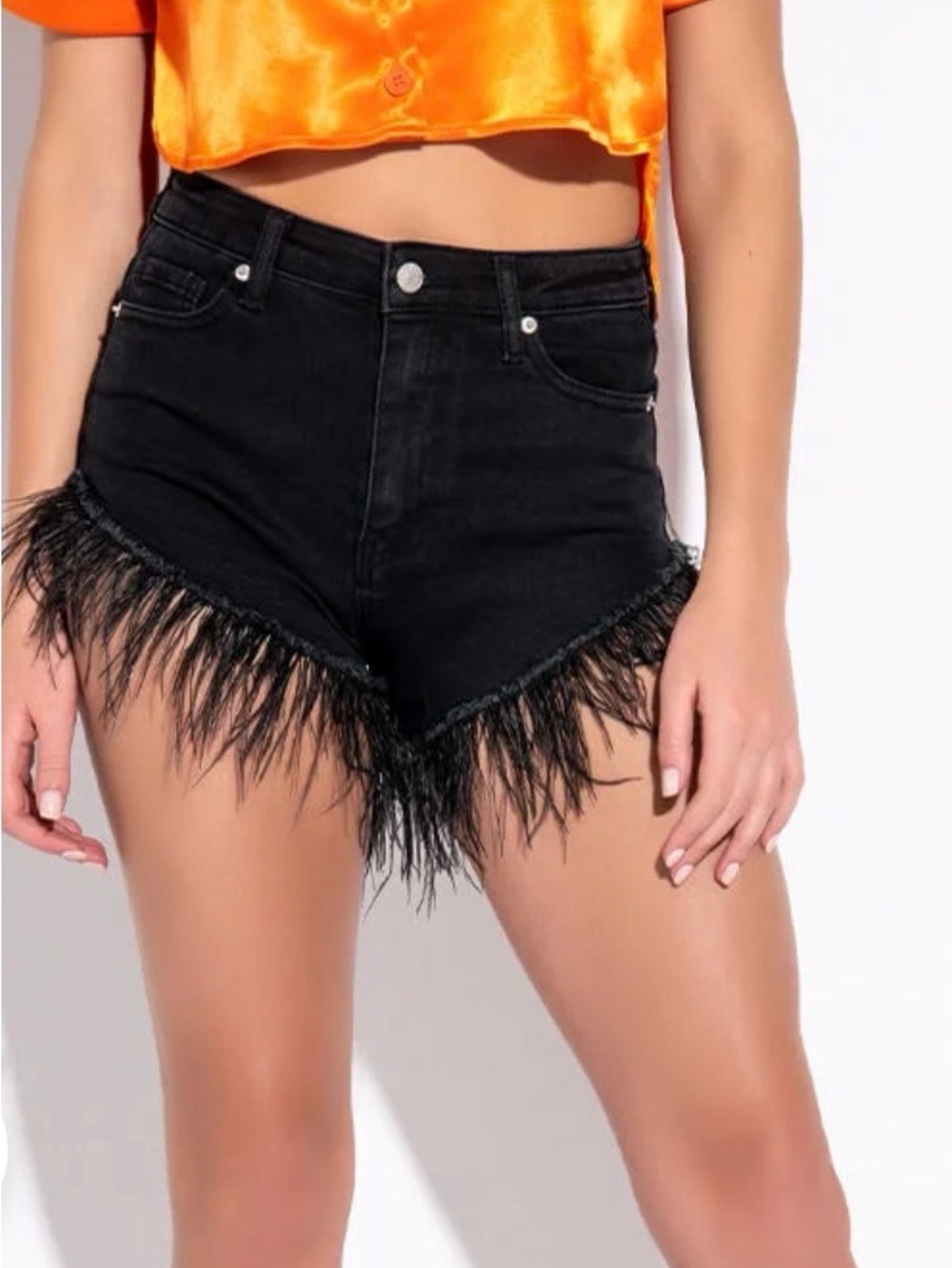 Black Feather Trim High-Waist Denim Shorts